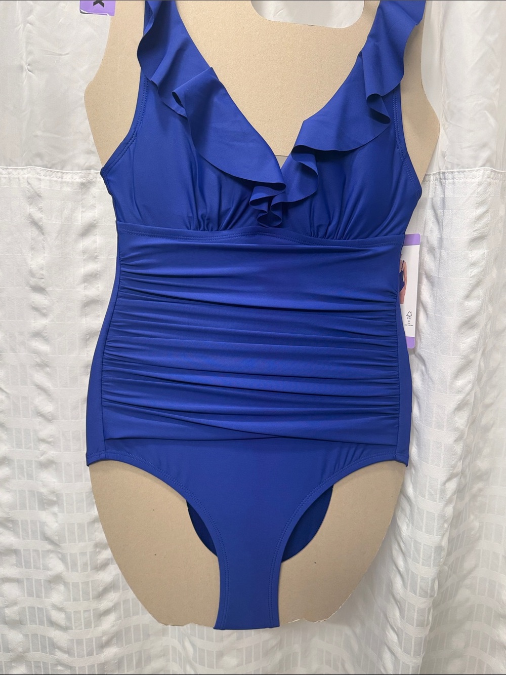 DKNY Royal Blue Ruffle V-Neck One-Piece Swimsuit NEW With Tags